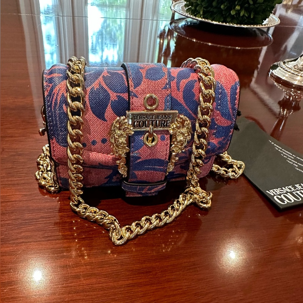 Versace Pink and Blue Bag with Gold Chain